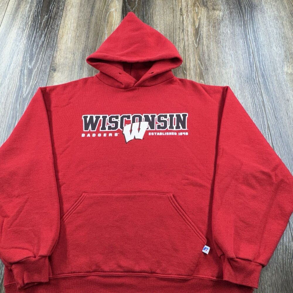 Vintage Wisconsin Badgers Hoodie Mens L Red Sweatshirt Football Team 90s Sweater